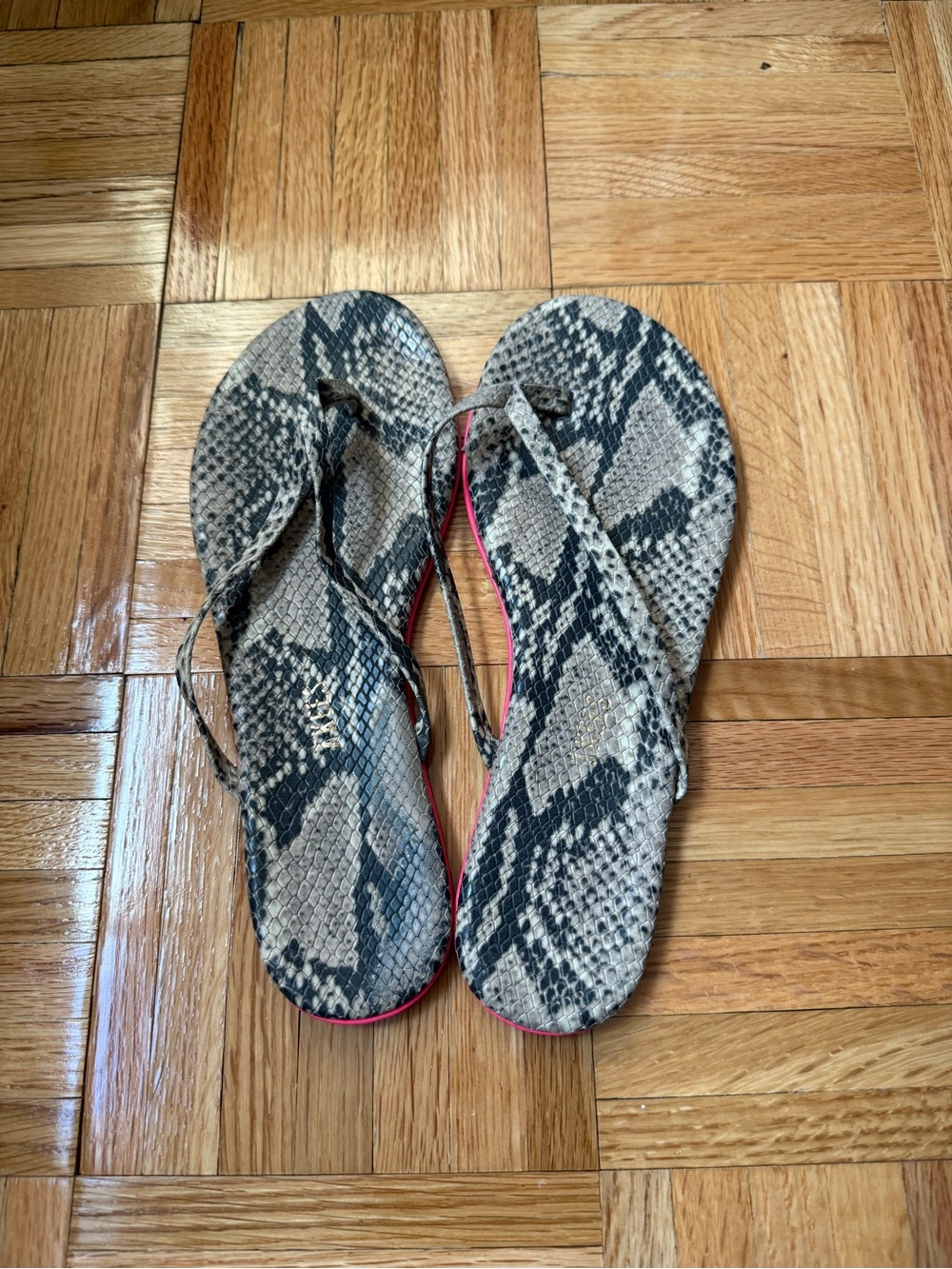 TKEES Snake-Print Flip Flop Sandals in Gray and Black with Pink Trim